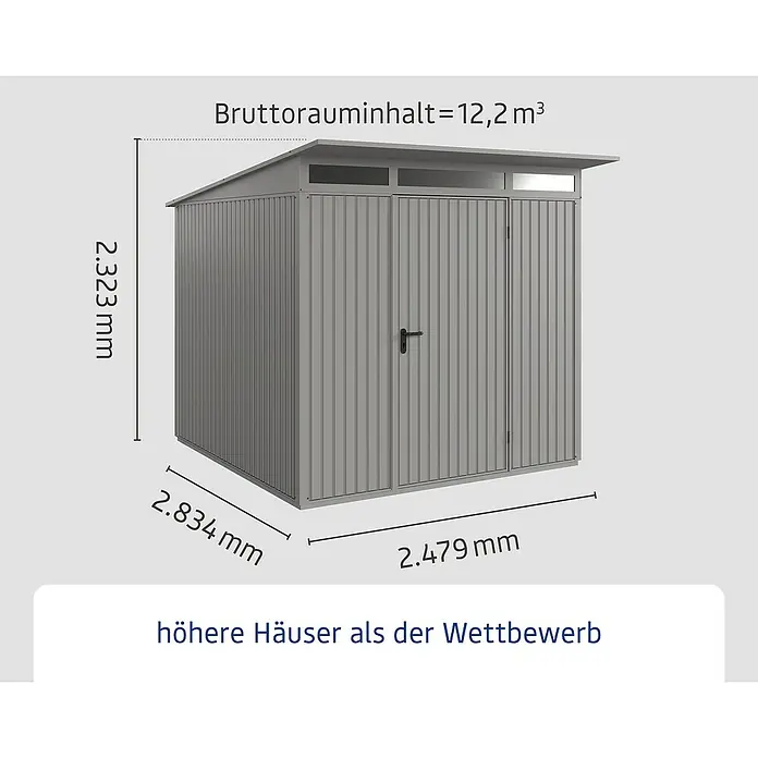 EcoStar Gerätehaus Trend-P Typ 2 - Außenbreite inkl. Dachüberstand: 247,9 cm, Außentiefe inkl. Dachüberstand: 283,4 cm, Grau, Einzeltür - Abbildung eines grauen Gerätehauses mit den Maßen 2.323 mm Höhe, 2.834 mm Tiefe und 2.479 mm Breite.