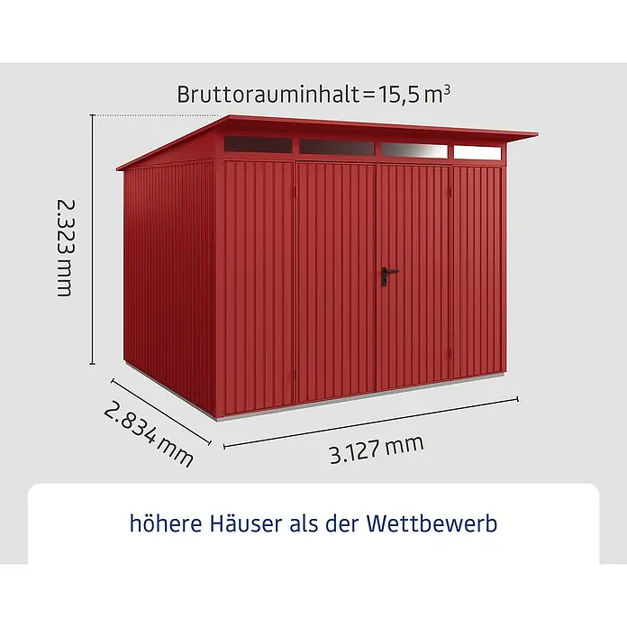 EcoStar Gerätehaus Trend-P Typ 3 - Außenbreite inkl. Dachüberstand: 312,7 cm, Außentiefe inkl. Dachüberstand: 283,4 cm, Purpurrot, Doppeltür - Abbildung eines roten Gerätehauses mit den Maßen 2.323 mm Höhe, 2.834 mm Tiefe und 3.127 mm Breite. Das Bruttorauminhalt beträgt 15,5 m³.