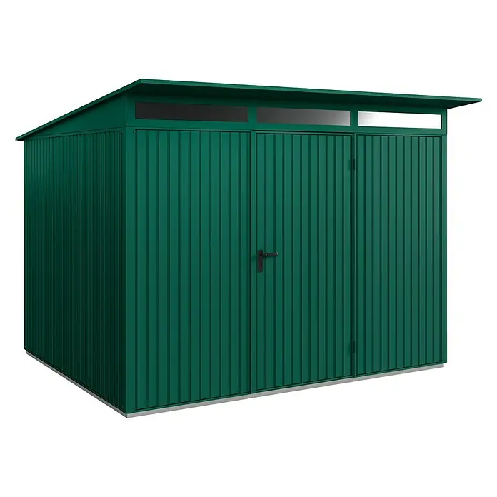 EcoStar Gerätehaus Trend-P Typ 3 - Außenbreite inkl. Dachüberstand: 312,7 cm, Außentiefe inkl. Dachüberstand: 283,4 cm, Moosgrün, Einzeltür - Grünes Gartenhaus mit Doppeltür und Oberlicht für die Aufbewahrung von Gartengeräten und Werkzeugen.