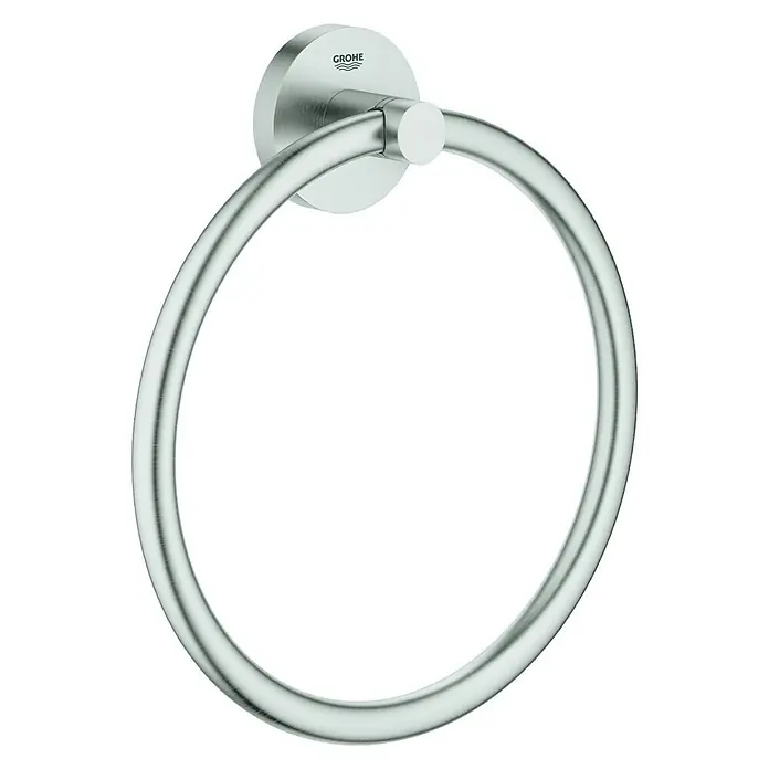Grohe Essentials Handtuchring - Supersteel, Glänzend - Nahaufnahme eines Grohe Essentials Handtuchrings aus gebürstetem Edelstahl, ein elegantes und funktionales Accessoire für jedes Badezimmer.
