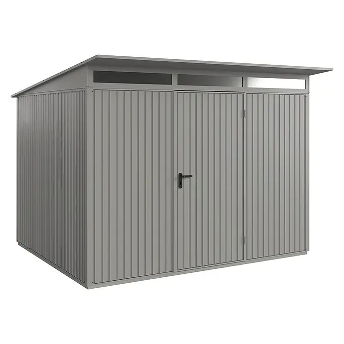 EcoStar Gerätehaus Trend-P Typ 3 - Außenbreite inkl. Dachüberstand: 312,7 cm, Außentiefe inkl. Dachüberstand: 283,4 cm, Grau, Einzeltür - Dieses Bild zeigt einen grauen Geräteschuppen mit Doppeltür und Oberlicht. Der Schuppen hat eine schlichte, moderne Optik und bietet Stauraum im Freien.