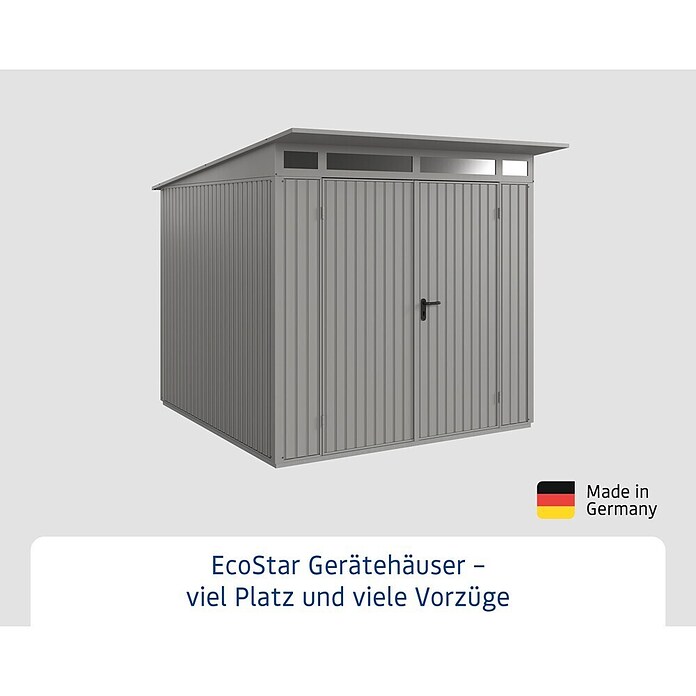 EcoStar Gerätehaus Trend-P Typ 2 (Außenbreite inkl. Dachüberstand: 247,9 cm, Außentiefe inkl. Dachüberstand: 283,4 cm, Grau, Doppeltür) | BAUHAUS