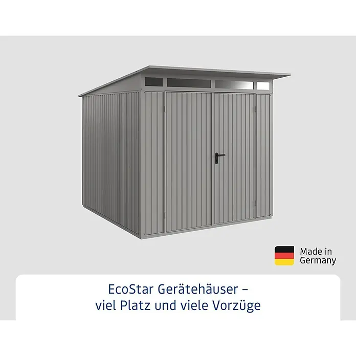 EcoStar Gerätehaus Trend-P Typ 2 - Außenbreite inkl. Dachüberstand: 247,9 cm, Außentiefe inkl. Dachüberstand: 283,4 cm, Grau, Doppeltür - EcoStar Gerätehaus: Langlebig, geräumig, ideal für Gartenwerkzeuge. Mit 20 Jahren Garantie & Made in Germany Qualität.