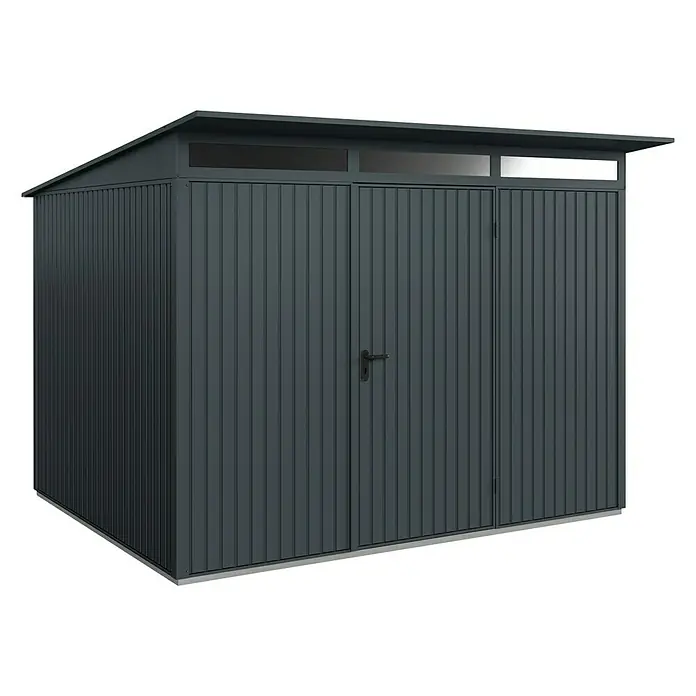 EcoStar Gerätehaus Trend-P Typ 3 - Außenbreite inkl. Dachüberstand: 312,7 cm, Außentiefe inkl. Dachüberstand: 283,4 cm, Anthrazitgrau, Einzeltür - Das Bild zeigt ein modernes Gerätehaus mit einer flachen Dachkonstruktion und einer Doppel-Tür, ideal für Gartenutensilien und Werkzeuge.