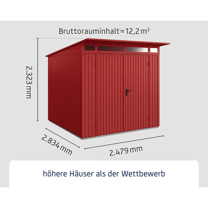 EcoStar Gerätehaus Trend-P Typ 2 - Außenbreite inkl. Dachüberstand: 247,9 cm, Außentiefe inkl. Dachüberstand: 283,4 cm, Purpurrot, Doppeltür - Abbildung eines roten Gerätehauses mit den Maßen 2.323 mm Höhe, 2.834 mm Breite und 2.479 mm Tiefe. Das Bruttorauminhalt beträgt 12,2 m³.
