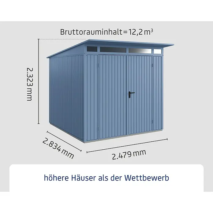 EcoStar Gerätehaus Trend-P Typ 2 - Außenbreite inkl. Dachüberstand: 247,9 cm, Außentiefe inkl. Dachüberstand: 283,4 cm, Taubenblau, Doppeltür - Abbildung eines Gerätehauses mit Maßangaben. Das Gerätehaus ist blau und hat ein Flachdach.