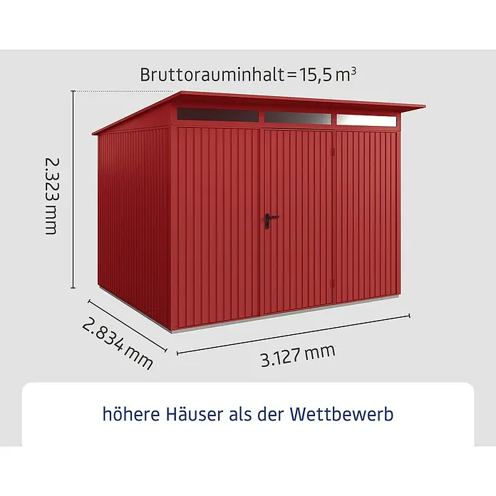 EcoStar Gerätehaus Trend-P Typ 3 - Außenbreite inkl. Dachüberstand: 312,7 cm, Außentiefe inkl. Dachüberstand: 283,4 cm, Purpurrot, Einzeltür - Abbildung eines roten Gerätehauses mit den Maßen 2.323 mm Höhe, 2.834 mm Tiefe und 3.127 mm Breite.