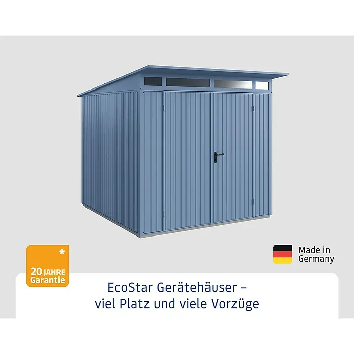 EcoStar Gerätehaus Trend-P Typ 2 - Außenbreite inkl. Dachüberstand: 247,9 cm, Außentiefe inkl. Dachüberstand: 283,4 cm, Taubenblau, Doppeltür - Das EcoStar Gerätehaus bietet viel Platz und eine 20 Jahre Garantie. Made in Germany.