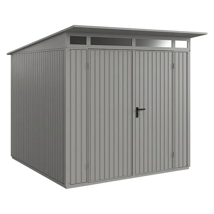 EcoStar Gerätehaus Trend-P Typ 2 - Außenbreite inkl. Dachüberstand: 247,9 cm, Außentiefe inkl. Dachüberstand: 283,4 cm, Grau, Doppeltür - Das Bild zeigt ein modernes, graues Metallgartenhaus mit einem Pultdach und einer Doppeltür. Ideal für die Aufbewahrung von Gartengeräten.
