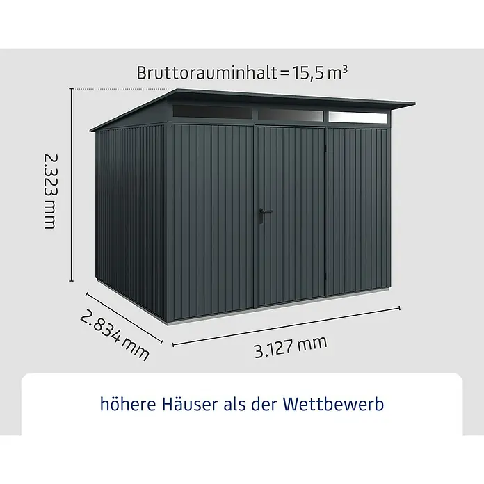 EcoStar Gerätehaus Trend-P Typ 3 - Außenbreite inkl. Dachüberstand: 312,7 cm, Außentiefe inkl. Dachüberstand: 283,4 cm, Anthrazitgrau, Einzeltür - Abbildung eines dunkelgrauen Gerätehauses mit den Maßen 2.323 mm Höhe, 2.834 mm Tiefe und 3.127 mm Breite.