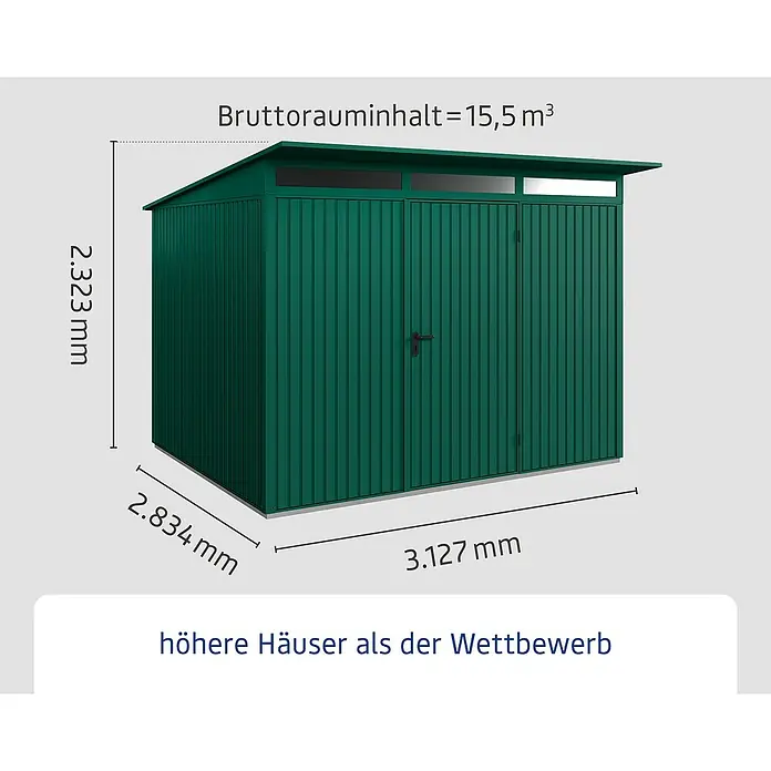 EcoStar Gerätehaus Trend-P Typ 3 - Außenbreite inkl. Dachüberstand: 312,7 cm, Außentiefe inkl. Dachüberstand: 283,4 cm, Moosgrün, Einzeltür - Abbildung eines grünen Gerätehauses mit den Maßen 2.323 mm Höhe, 2.834 mm Breite und 3.127 mm Länge.