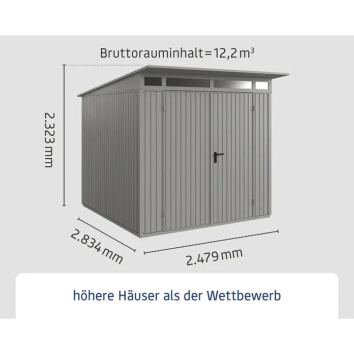 EcoStar Gerätehaus Trend-P Typ 2 - Außenbreite inkl. Dachüberstand: 247,9 cm, Außentiefe inkl. Dachüberstand: 283,4 cm, Grau, Doppeltür - Abbildung eines grauen Metallschuppens mit den Maßen 2.323 mm Höhe, 2.834 mm Breite und 2.479 mm Tiefe.