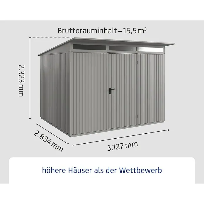 EcoStar Gerätehaus Trend-P Typ 3 - Außenbreite inkl. Dachüberstand: 312,7 cm, Außentiefe inkl. Dachüberstand: 283,4 cm, Grau, Einzeltür - Abbildung eines Gerätehauses mit Maßen. Das Gerätehaus ist grau und hat eine Tür.