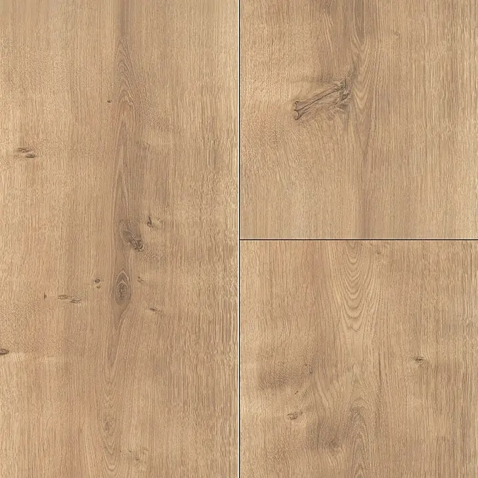 LOGOCLIC Laminatmuster Vinto Eiche Palazzo - 296 x 195 x 8 mm, Landhausdiele - Nahaufnahme von vier hellbraunen Laminatböden mit unterschiedlichen Holzmaserungen und Astlöchern, die ein natürliches Aussehen erzeugen.