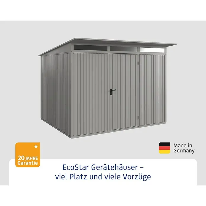 EcoStar Gerätehaus Trend-P Typ 3 - Außenbreite inkl. Dachüberstand: 312,7 cm, Außentiefe inkl. Dachüberstand: 283,4 cm, Grau, Einzeltür - Bild eines EcoStar Gerätehauses mit viel Platz und Vorzügen, hergestellt in Deutschland und mit 20 Jahren Garantie.