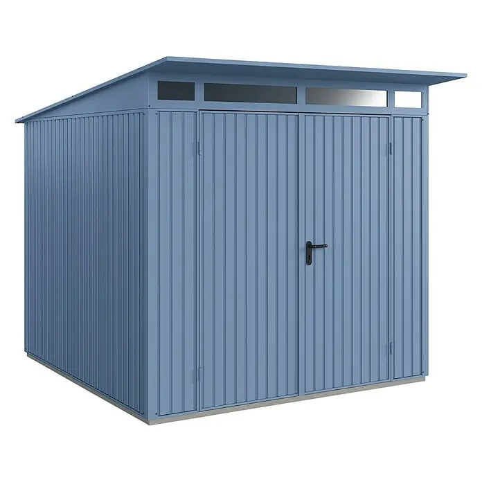 EcoStar Gerätehaus Trend-P Typ 2 - Außenbreite inkl. Dachüberstand: 247,9 cm, Außentiefe inkl. Dachüberstand: 283,4 cm, Taubenblau, Doppeltür - Abbildung eines modernen, hellblauen Metall-Gartenschuppens mit Doppeltür und Oberlicht. Perfekt für die Gartenaufbewahrung.