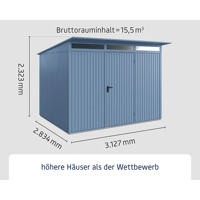 EcoStar Gerätehaus Trend-P Typ 3 - Außenbreite inkl. Dachüberstand: 312,7 cm, Außentiefe inkl. Dachüberstand: 283,4 cm, Taubenblau, Einzeltür - Abbildung eines Gerätehauses mit Maßangaben für Höhe, Breite und Tiefe sowie Angabe des Bruttorauminhalts.