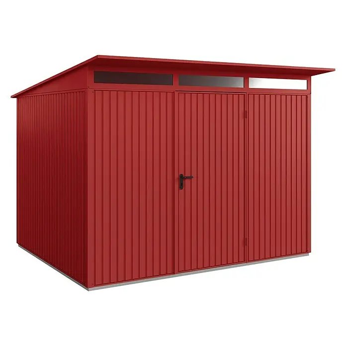 EcoStar Gerätehaus Trend-P Typ 3 - Außenbreite inkl. Dachüberstand: 312,7 cm, Außentiefe inkl. Dachüberstand: 283,4 cm, Purpurrot, Einzeltür - Roter Metallgeräteschuppen mit Doppeltür und Oberlicht für Gartenwerkzeuge und -geräte. Praktische Aufbewahrungslösung.