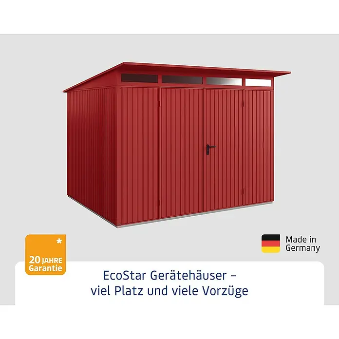 EcoStar Gerätehaus Trend-P Typ 3 - Außenbreite inkl. Dachüberstand: 312,7 cm, Außentiefe inkl. Dachüberstand: 283,4 cm, Purpurrot, Doppeltür - EcoStar Gerätehaus in Rot. Das Haus bietet viel Platz und hat eine 20 Jahre Garantie. Hergestellt in Deutschland.