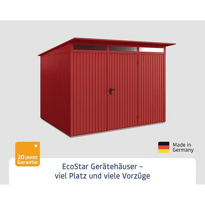 EcoStar Gerätehaus Trend-P Typ 3 - Außenbreite inkl. Dachüberstand: 312,7 cm, Außentiefe inkl. Dachüberstand: 283,4 cm, Purpurrot, Einzeltür - Ein rotes EcoStar Gerätehaus mit viel Platz und vielen Vorzügen. Hergestellt in Deutschland und mit 20 Jahre Garantie.