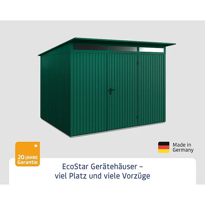 EcoStar Gerätehaus Trend-P Typ 3 - Außenbreite inkl. Dachüberstand: 312,7 cm, Außentiefe inkl. Dachüberstand: 283,4 cm, Moosgrün, Einzeltür - Abbildung eines EcoStar Gerätehauses mit viel Platz und vielen Vorzügen. Hergestellt in Deutschland und mit 20 Jahren Garantie.