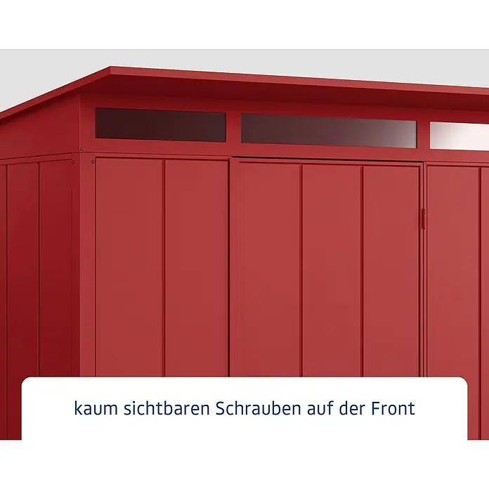 EcoStar Gerätehaus Elegant-P Typ 3 - Außenmaß inkl. Dachüberstand (B x T): 312,7 x 283,4 cm, Purpurrot, Doppeltür - Ein rotes Gerätehaus mit kaum sichtbaren Schrauben auf der Vorderseite. Das Haus hat ein modernes und schlichtes Design.