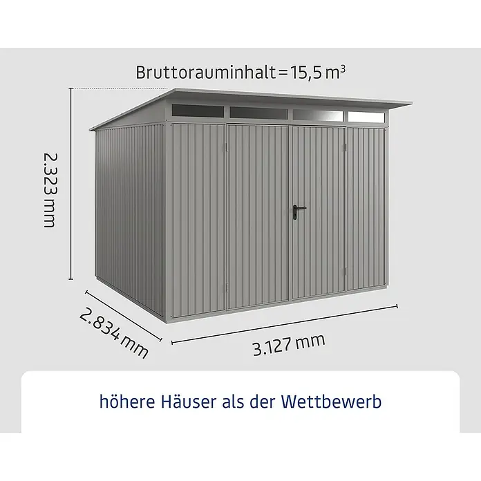EcoStar Gerätehaus Trend-P Typ 3 - Außenbreite inkl. Dachüberstand: 312,7 cm, Außentiefe inkl. Dachüberstand: 283,4 cm, Grau, Doppeltür - Abbildung eines Gerätehauses mit Maßangaben zu Höhe, Breite und Tiefe sowie Angabe des Bruttorauminhalts.