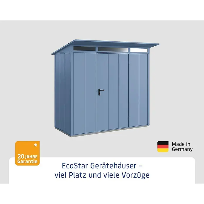 EcoStar Gerätehaus Elegant Typ 1 - Außenmaß inkl. Dachüberstand (B x T): 247,9 x 153 cm, Taubenblau, Einzeltür - Abbildung eines EcoStar Gerätehauses in Blau mit der Aufschrift "Made in Germany" und Garantiehinweis.