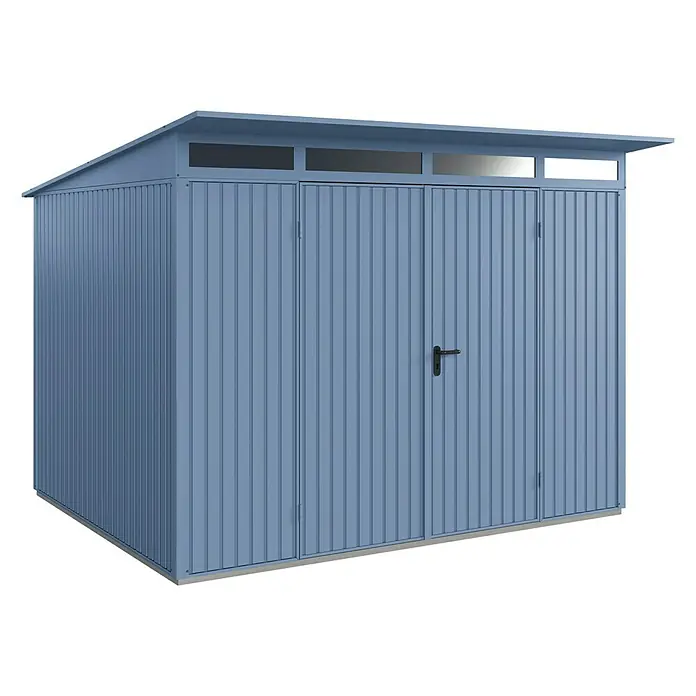 EcoStar Gerätehaus Trend-P Typ 3 - Außenbreite inkl. Dachüberstand: 312,7 cm, Außentiefe inkl. Dachüberstand: 283,4 cm, Taubenblau, Doppeltür - Ein geräumiger, blau lackierter Metallgarten Schuppen mit Doppeltüren und Oberlichtern, ideal zur Aufbewahrung von Gartengeräten und Werkzeugen.