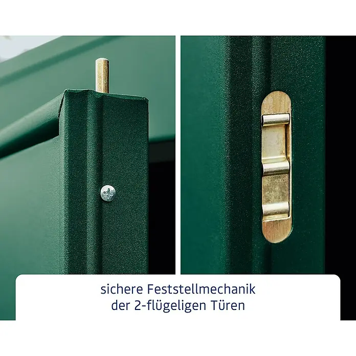 EcoStar Gerätehaus Elegant-P Typ 3 - Außenmaß inkl. Dachüberstand (B x T): 312,7 x 283,4 cm, Moosgrün, Doppeltür - Sichere Feststellmechanik der zweiflügeligen Türen. Robuste Konstruktion für zuverlässigen Halt und einfache Bedienung.