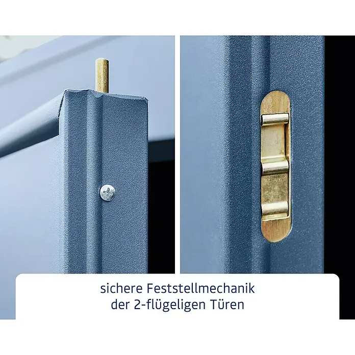 EcoStar Gerätehaus Elegant Typ 1 - Außenmaß inkl. Dachüberstand (B x T): 247,9 x 153 cm, Taubenblau, Einzeltür - Nahaufnahme einer sicheren Feststellmechanik für zweiflügelige Türen.