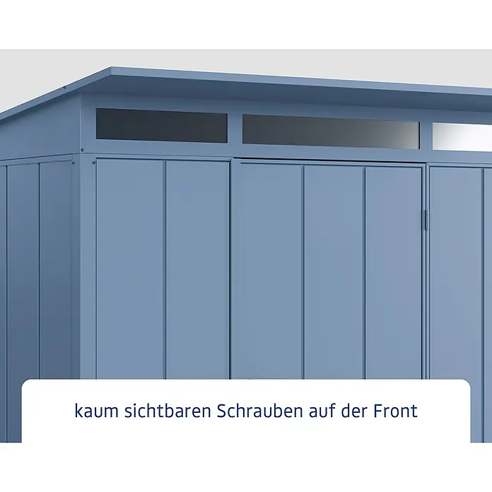 EcoStar Gerätehaus Elegant Typ 1 - Außenmaß inkl. Dachüberstand (B x T): 247,9 x 153 cm, Taubenblau, Einzeltür - Nahaufnahme eines blauen Gerätehauses mit kaum sichtbaren Schrauben auf der Vorderseite.