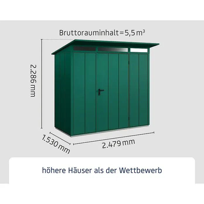 EcoStar Gerätehaus Elegant Typ 1 - Außenmaß inkl. Dachüberstand (B x T): 247,9 x 153 cm, Moosgrün, Einzeltür - Abbildung eines grünen Gerätehauses mit den Maßen 2.286 mm Höhe, 1.530 mm Breite und 2.479 mm Länge.