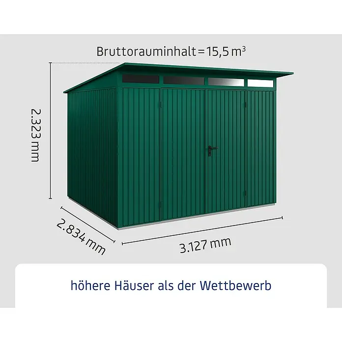 EcoStar Gerätehaus Trend-P Typ 3 - Außenbreite inkl. Dachüberstand: 312,7 cm, Außentiefe inkl. Dachüberstand: 283,4 cm, Moosgrün, Doppeltür - Abbildung eines grünen Gerätehauses mit den Maßen 2.323 mm Höhe, 2.834 mm Breite und 3.127 mm Länge.