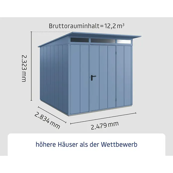 EcoStar Gerätehaus Elegant-P Typ 2 - Außenbreite inkl. Dachüberstand: 247,9 cm, Außentiefe inkl. Dachüberstand: 283,4 cm, Taubenblau, Einzeltür - Abbildung eines Gerätehauses mit den Maßen 2.323 mm Höhe, 2.834 mm Breite, 2.479 mm Tiefe und einem Bruttorauminhalt von 12,2 m³.