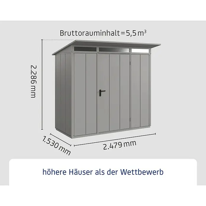 EcoStar Gerätehaus Elegant Typ 1 - Außenmaß inkl. Dachüberstand (B x T): 247,9 x 153 cm, Grau, Einzeltür - Abbildung eines Gerätehauses mit den Maßen 2.286 mm Höhe, 1.530 mm Tiefe und 2.479 mm Breite und einem Bruttorauminhalt von 5,5 m³.
