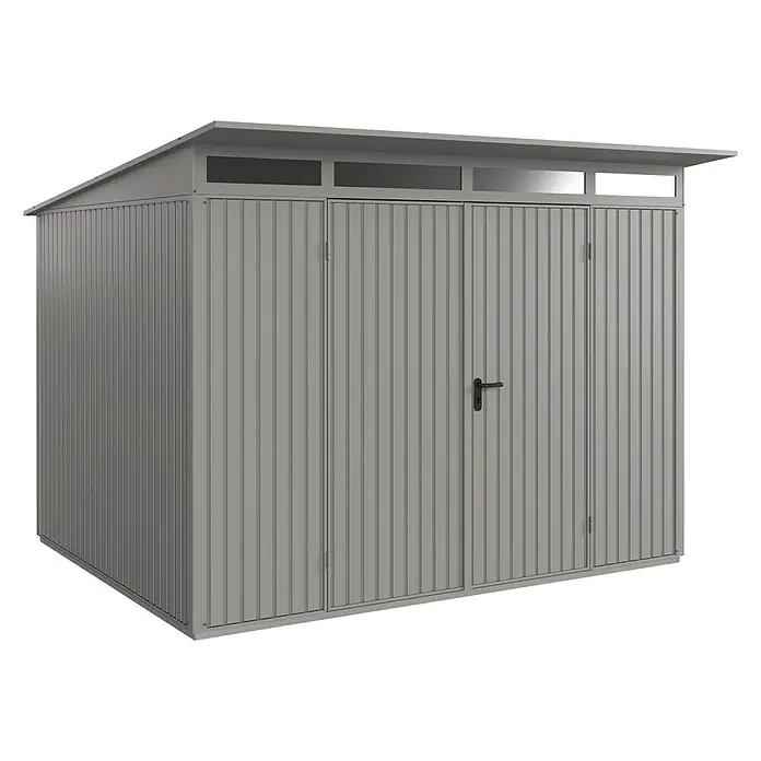 EcoStar Gerätehaus Trend-P Typ 3 - Außenbreite inkl. Dachüberstand: 312,7 cm, Außentiefe inkl. Dachüberstand: 283,4 cm, Grau, Doppeltür - Abbildung eines grauen Metallschuppens mit Doppeltür und Oberlichtern, ideal zur Aufbewahrung von Gartengeräten und mehr.