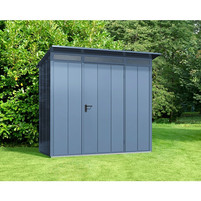 EcoStar Gerätehaus Elegant Typ 1Außenbreite inkl. Dachüberstand: 247,9 cm, Außentiefe inkl. Dachüberstand: 153 cm, Taubenblau, Einzeltür Mood Shot