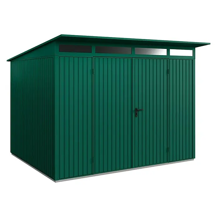 EcoStar Gerätehaus Trend-P Typ 3 - Außenbreite inkl. Dachüberstand: 312,7 cm, Außentiefe inkl. Dachüberstand: 283,4 cm, Moosgrün, Doppeltür - Das Bild zeigt ein grünes Gerätehaus mit Doppeltür und Oberlicht, ideal zur Aufbewahrung von Gartengeräten und Werkzeugen im Außenbereich.