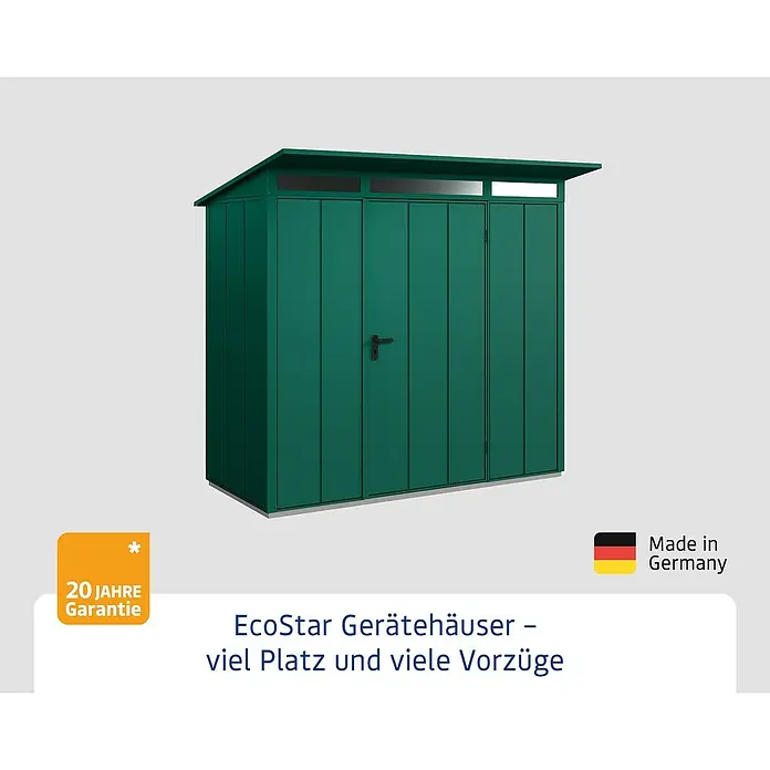 EcoStar Gerätehaus Elegant Typ 1 - Außenmaß inkl. Dachüberstand (B x T): 247,9 x 153 cm, Moosgrün, Einzeltür - EcoStar Gerätehaus: Der ideale Gartenhelfer für viel Platz und Ordnung mit 20 Jahren Garantie, Made in Germany.