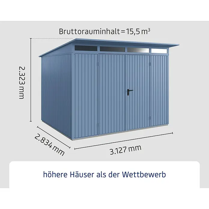EcoStar Gerätehaus Trend-P Typ 3 - Außenbreite inkl. Dachüberstand: 312,7 cm, Außentiefe inkl. Dachüberstand: 283,4 cm, Taubenblau, Doppeltür - Abbildung eines Gerätehauses mit den Maßen 2.323 mm Höhe, 2.834 mm Tiefe und 3.127 mm Breite, Bruttorauminhalt 15,5 m³.