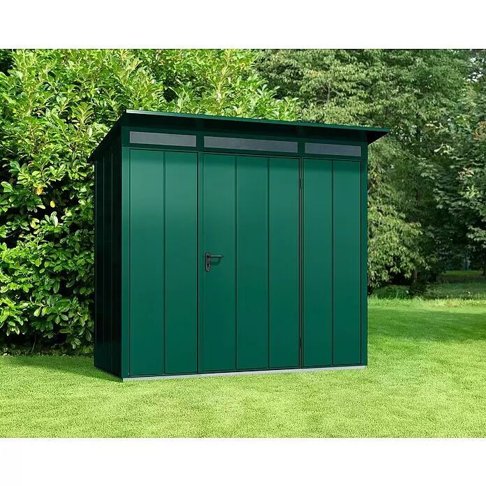 EcoStar Gerätehaus Elegant Typ 1 - Außenmaß inkl. Dachüberstand (B x T): 247,9 x 153 cm, Moosgrün, Einzeltür - Grüner Metall-Gartenschuppen mit schwarzem Griff.