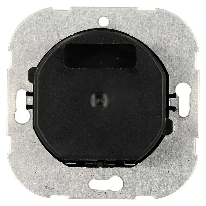 UniTEC LED-Dimmer - Kunststoff - Ein quadratischer Dimmer-Schalter mit einer silberfarbenen Metallplatte und einem runden, schwarzen Drehknopf in der Mitte.