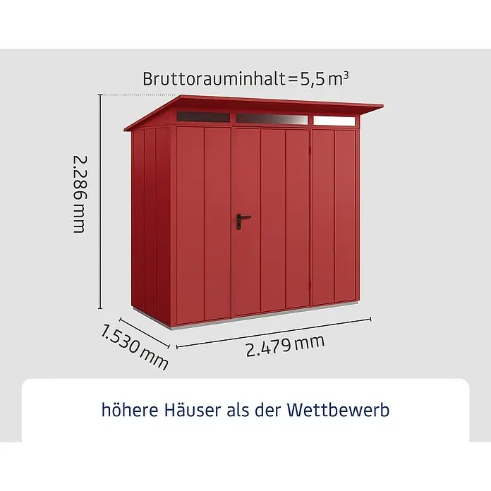 EcoStar Gerätehaus Elegant Typ 1 - Außenmaß inkl. Dachüberstand (B x T): 247,9 x 153 cm, Purpurrot, Einzeltür - Abbildung eines roten Gerätehauses mit den Maßen 2,286 mm Höhe, 1,530 mm Tiefe und 2,479 mm Breite.