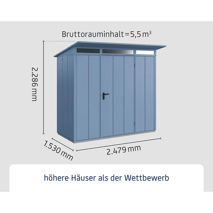 EcoStar Gerätehaus Elegant Typ 1 - Außenmaß inkl. Dachüberstand (B x T): 247,9 x 153 cm, Taubenblau, Einzeltür - Abbildung eines Gerätehauses mit den Maßen 2.286 mm Höhe, 1.530 mm Tiefe und 2.479 mm Breite.