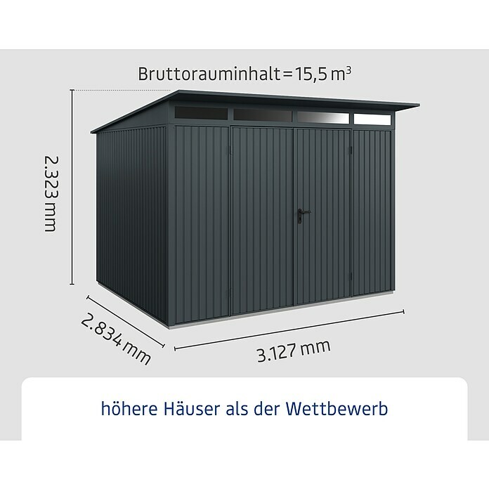 EcoStar Gerätehaus Trend-P Typ 3Außenbreite inkl. Dachüberstand: 312,7 cm, Außentiefe inkl. Dachüberstand: 283,4 cm, Anthrazitgrau, Doppeltür Info