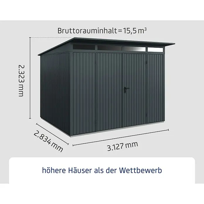 EcoStar Gerätehaus Trend-P Typ 3 - Außenbreite inkl. Dachüberstand: 312,7 cm, Außentiefe inkl. Dachüberstand: 283,4 cm, Anthrazitgrau, Doppeltür - Abbildung eines Gerätehauses mit den Maßen 2.323 mm Höhe, 2.834 mm Tiefe und 3.127 mm Breite.