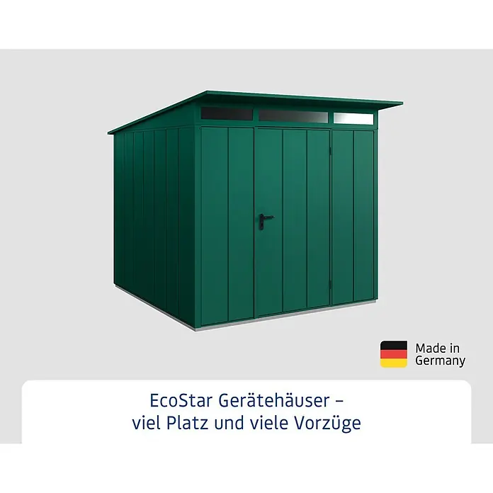 EcoStar Gerätehaus Elegant-P Typ 2 - Außenbreite inkl. Dachüberstand: 247,9 cm, Außentiefe inkl. Dachüberstand: 283,4 cm, Moosgrün, Einzeltür - EcoStar Gerätehaus aus Metall in Grün mit 20 Jahre Garantie und dem Qualitätsversprechen "Made in Germany".