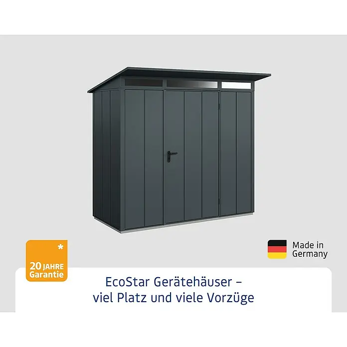 EcoStar Gerätehaus Elegant Typ 1 - Außenmaß inkl. Dachüberstand (B x T): 247,9 x 153 cm, Anthrazitgrau, Einzeltür - Abbildung eines EcoStar Gerätehauses in Anthrazit mit praktischem Türgriff und schlichtem Design, ideal für Gartenutensilien.