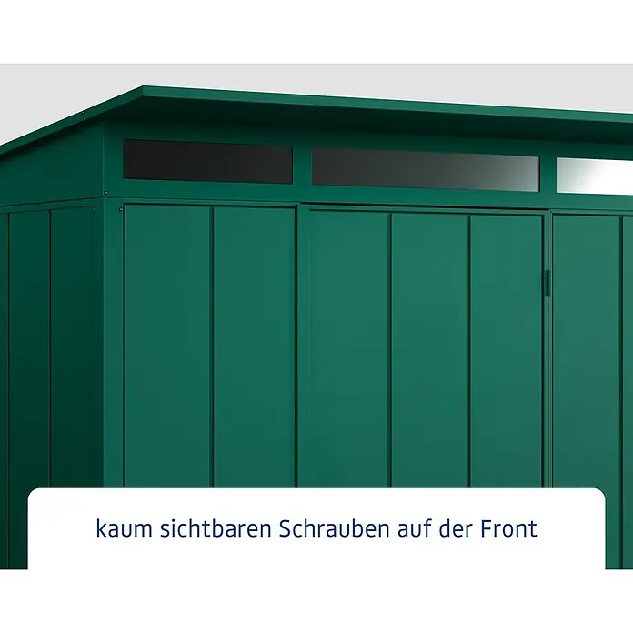EcoStar Gerätehaus Elegant-P Typ 3 - Außenmaß inkl. Dachüberstand (B x T): 312,7 x 283,4 cm, Moosgrün, Doppeltür - Nahaufnahme eines grünen Gartenhauses mit kaum sichtbaren Schrauben auf der Front und Fensterreihe oben.